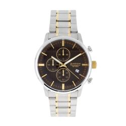 Chronographe homme étanche 50m, boîte et bracelet en acier et acier doré, verre minéral