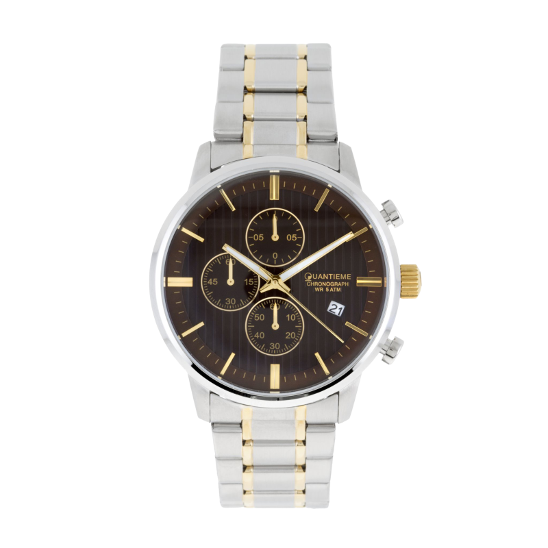 Chronographe homme étanche 50m, boîte et bracelet en acier et acier doré, verre minéral