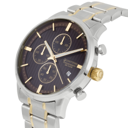 Chronographe homme étanche 50m, boîte et bracelet en acier et acier doré, verre minéral