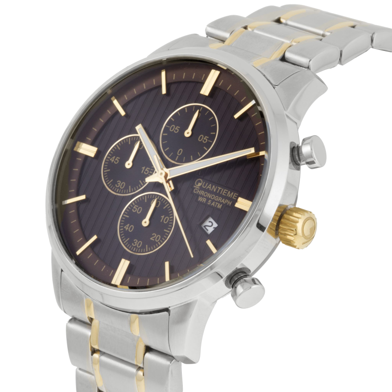 Chronographe homme étanche 50m, boîte et bracelet en acier et acier doré, verre minéral