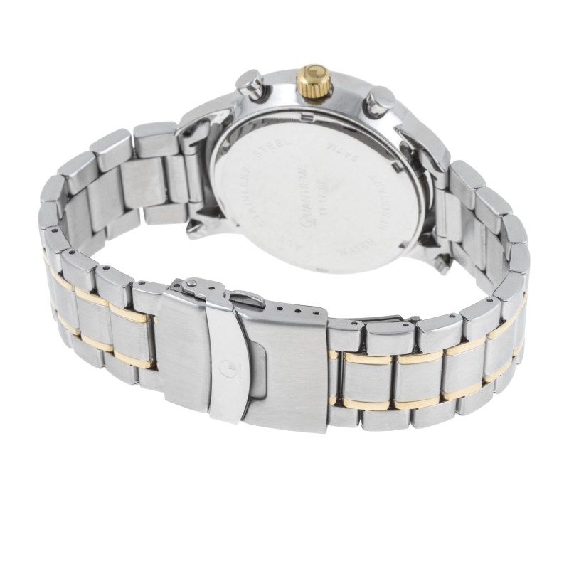 Chronographe homme étanche 50m, boîte et bracelet en acier et acier doré, verre minéral