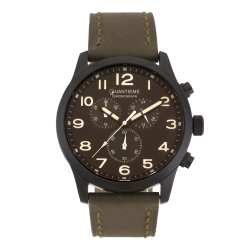 Chronographe homme, boîte acier noir, bracelet cuir et verre minéral