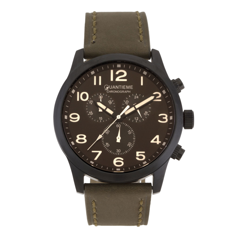 Chronographe homme, boîte acier noir, bracelet cuir et verre minéral