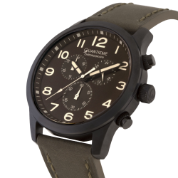 Chronographe homme, boîte acier noir, bracelet cuir et verre minéral