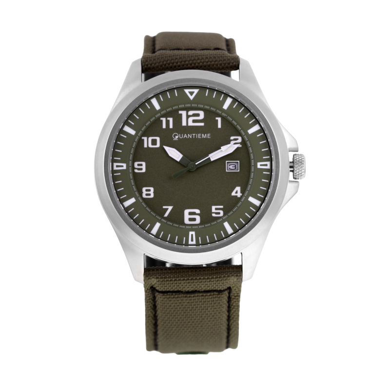Montre homme, boîte acier, bracelet nylon et cuir, verre minéral