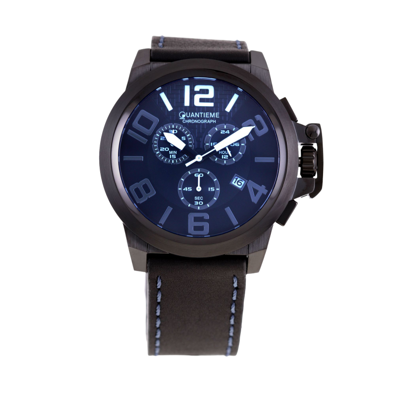 Chronographe homme, boîte acier noir, bracelet cuir et verre minéral