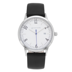 Montre homme, boîte en acier, bracelet en cuir et verre minéral