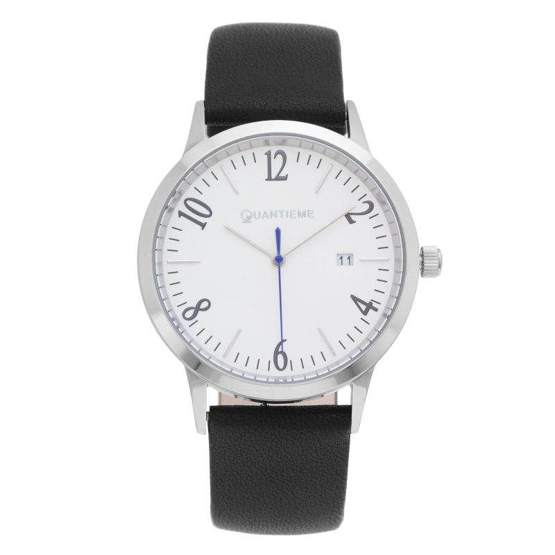 Montre homme, boîte en acier, bracelet en cuir et verre minéral