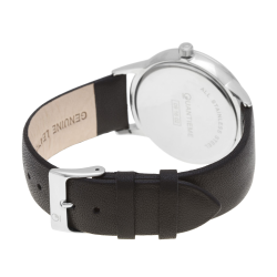 Montre homme, boîte en acier, bracelet en cuir et verre minéral
