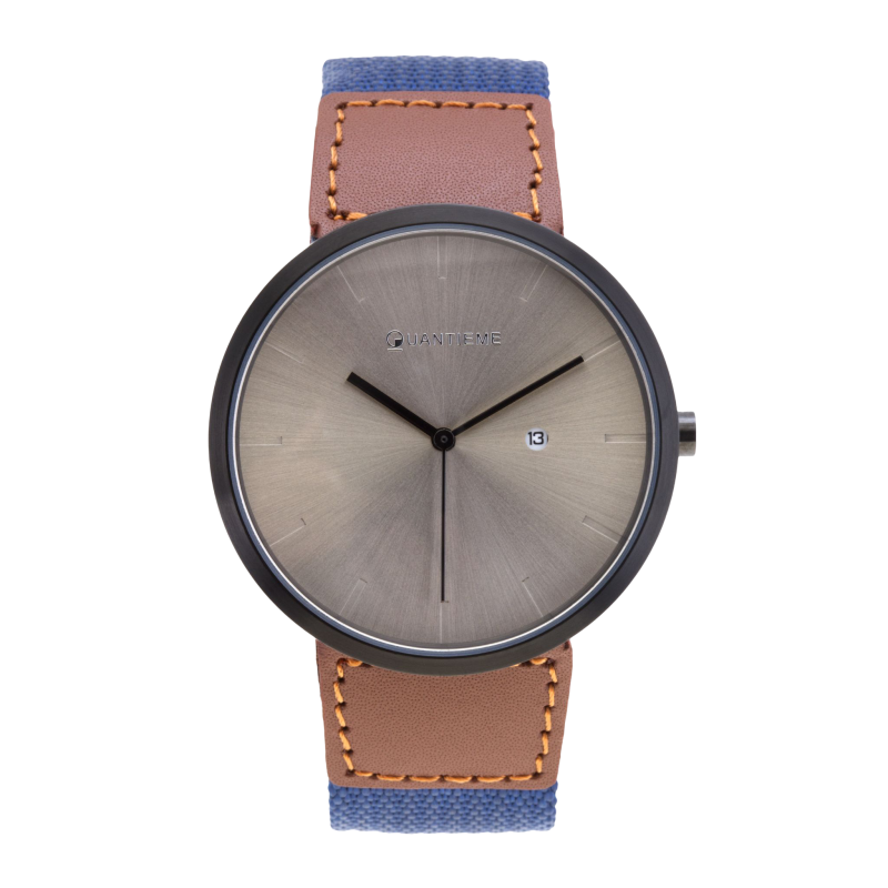 Montre homme, boîte en acier noir, bracelet cuir et nylon et verre minéral