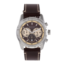 Chronographe homme, boîte en acier, bracelet cuir et verre minéral