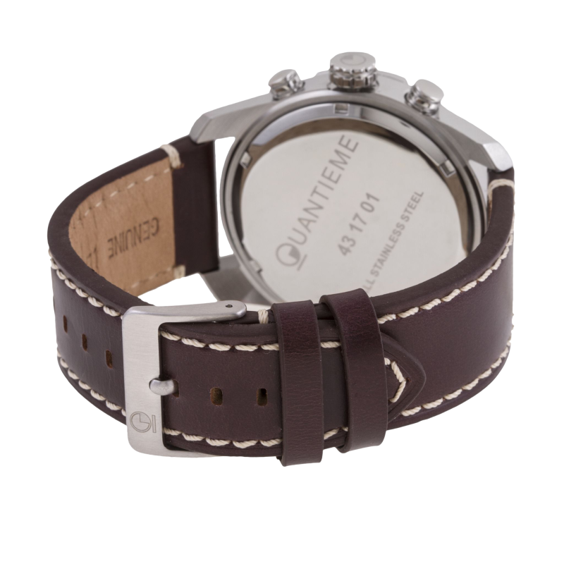 Chronographe homme, boîte en acier, bracelet cuir et verre minéral