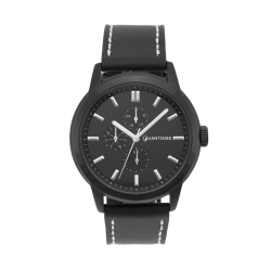 Montre homme, boîte acier noir, bracelet cuir et verre minéral