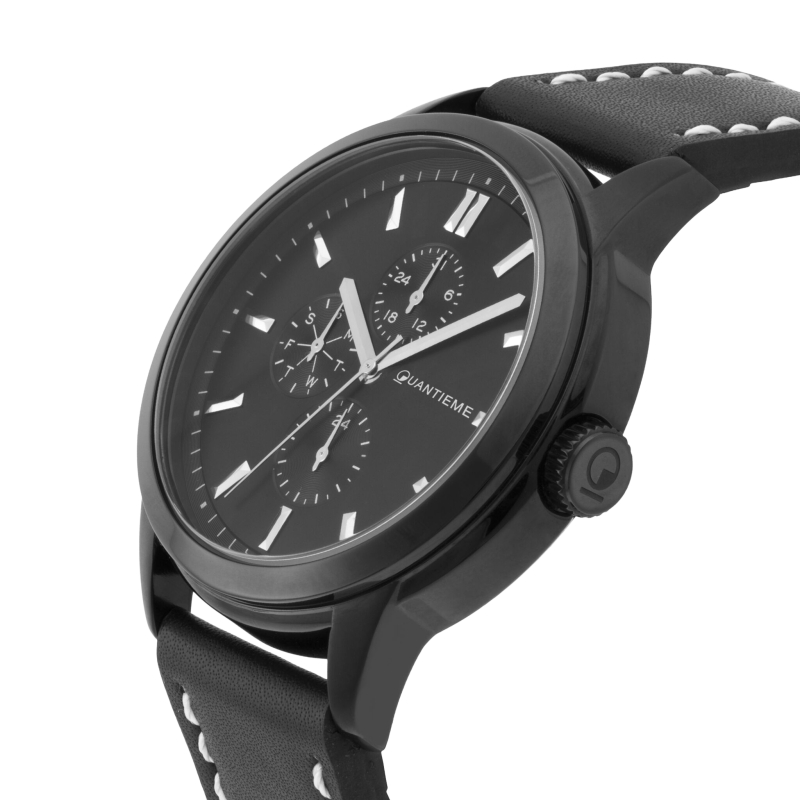 Montre homme, boîte acier noir, bracelet cuir et verre minéral