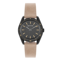 Montre homme, boitier en acier noir, bracelet en cuir beige et verre minéral