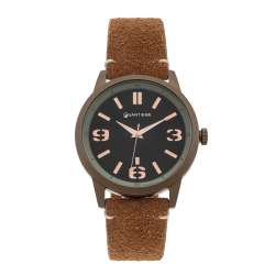 Montre homme, boite en acier marron, bracelet en cuir, verre minéral