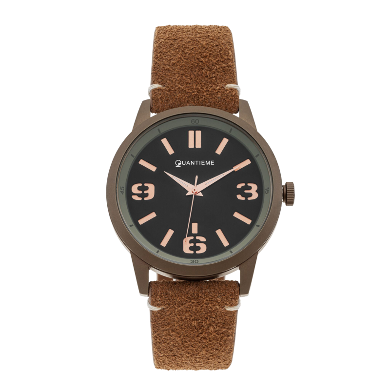 Montre homme, boite en acier marron, bracelet en cuir, verre minéral