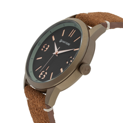 Montre homme, boite en acier marron, bracelet en cuir, verre minéral