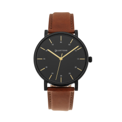 Montre homme, bracelet cuir marron et boîte en acier noir, verre minéral