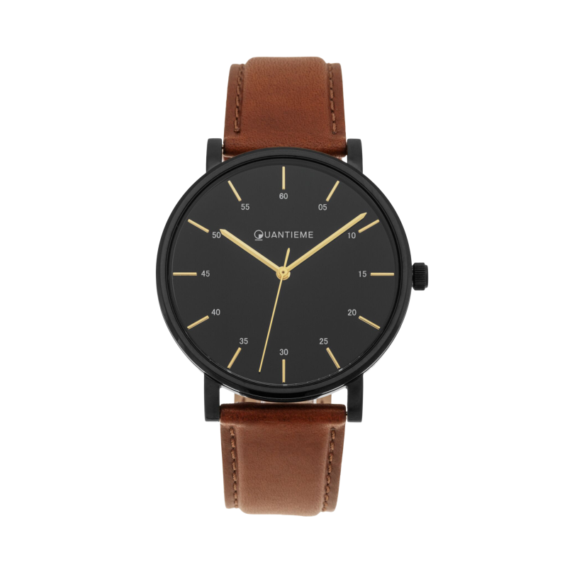 Montre homme, bracelet cuir marron et boîte en acier noir, verre minéral