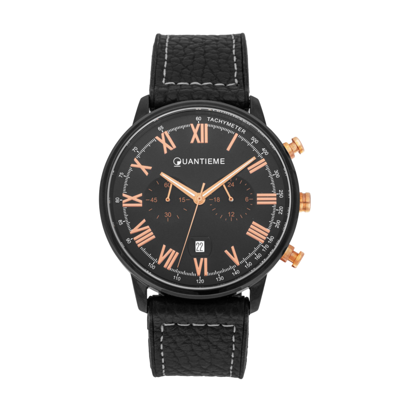 Chronographe homme, bracelet en cuir et silicone, boite acier et verre minéral
