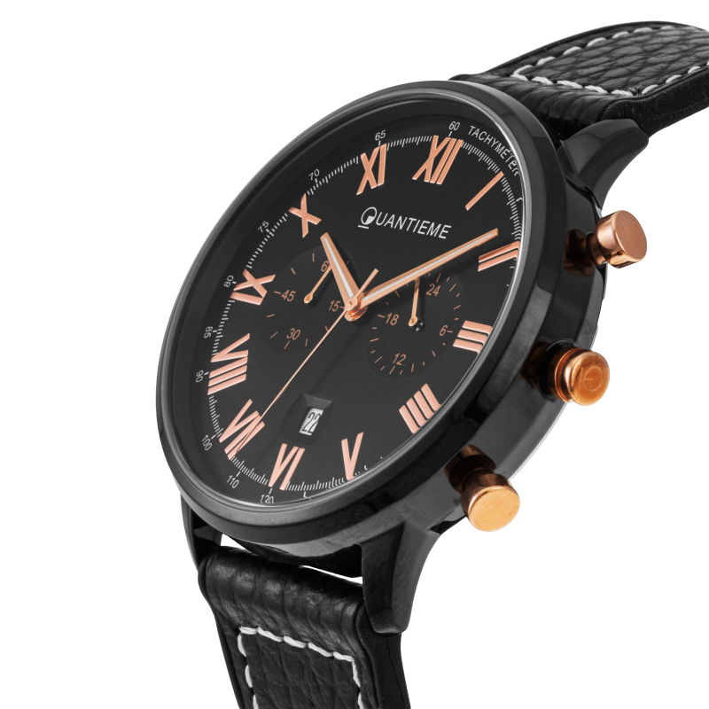 Chronographe homme, bracelet en cuir et silicone, boite acier et verre minéral