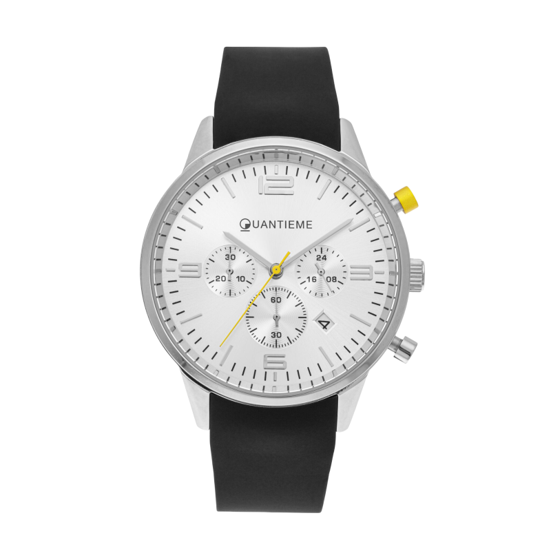 Chronographe homme, boîte en acier, bracelet en silicone noir et verre minéral
