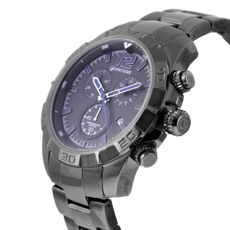 Chronographe homme, boîte et bracelet acier, étanche 100 m, verre minéral
