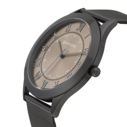 Montre homme, boîte acier noir, bracelet acier maille milanaise noir et verre minéral.