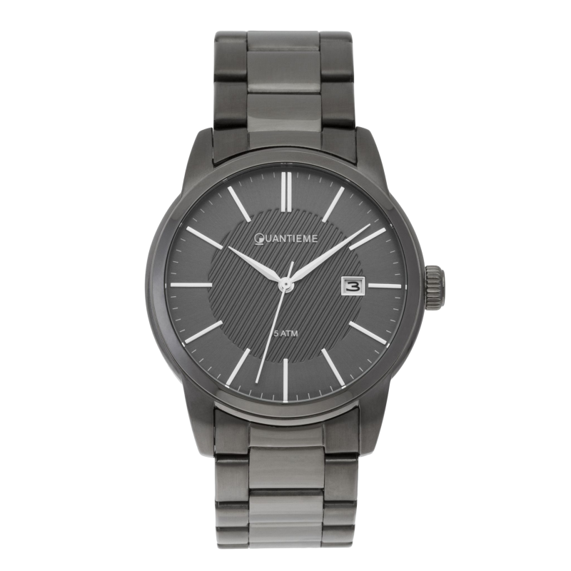 Montre homme, boîte acier gris, bracelet acier gris et verre minéral.