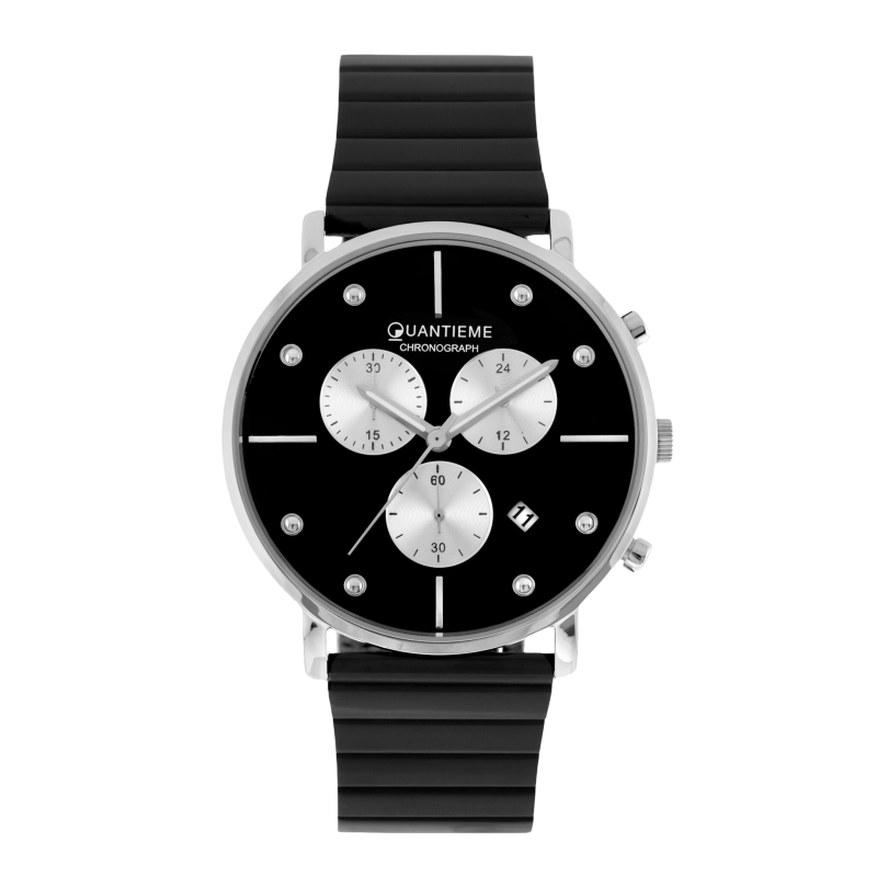 Chronographe homme, boîte en acier, bracelet en acier noir et verre minéral