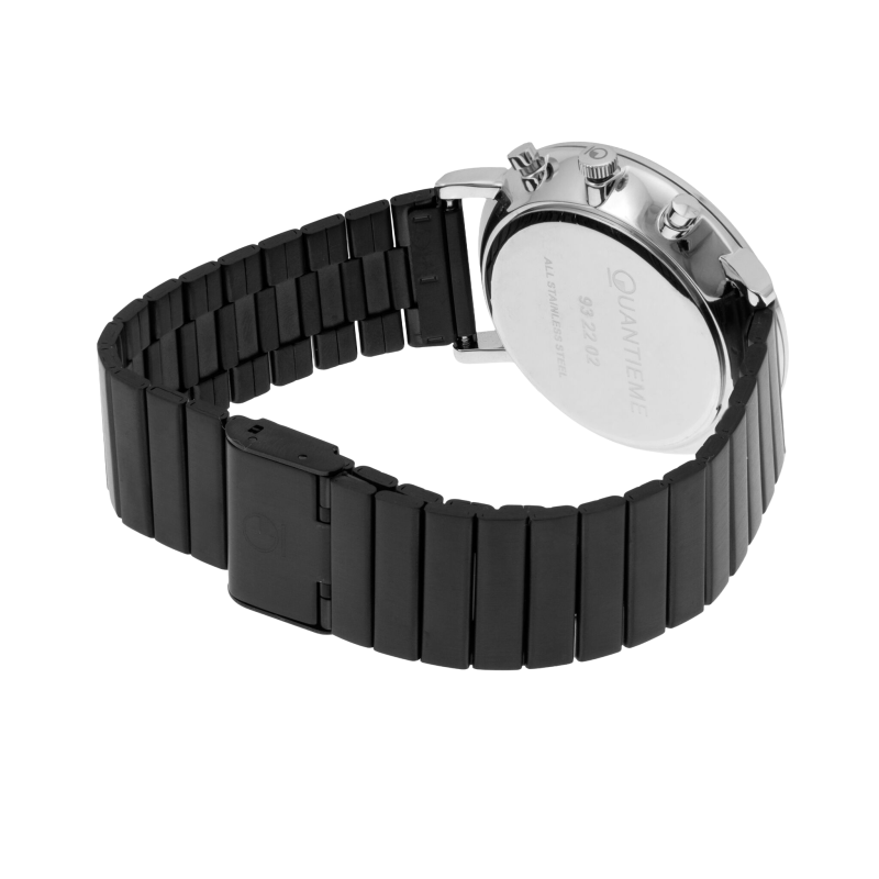 Chronographe homme, boîte en acier, bracelet en acier noir et verre minéral