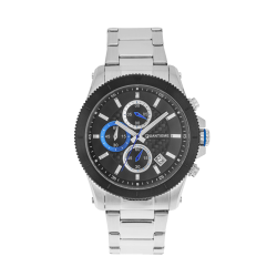Chronographe homme, boîte et bracelet en acier, cadran noir et verre minéral