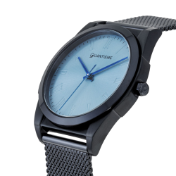 Montre homme, bracelet et boite en acier bleu, verre minéral