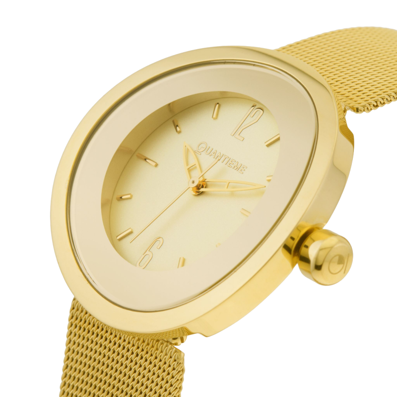 Montre dame, boite et bracelet acier doré, verre minéral