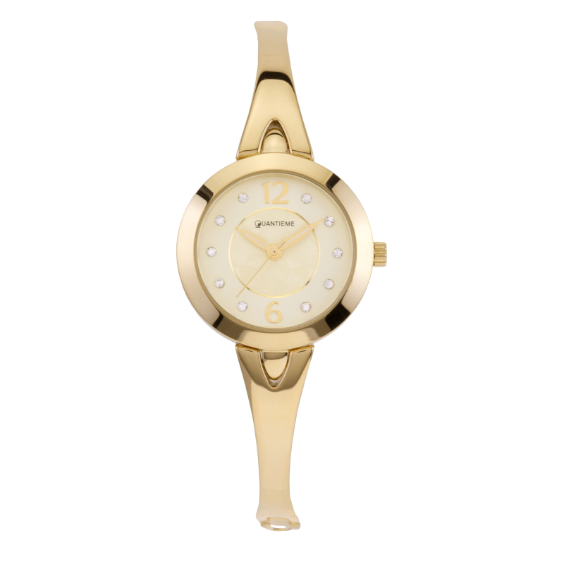 Montre femme, boîte acier doré et cristaux de synthèse, bracelet acier doré et verre minéral