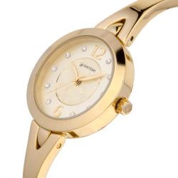 Montre femme, boîte acier doré et cristaux de synthèse, bracelet acier doré et verre minéral