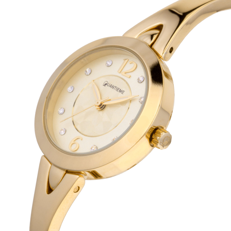Montre femme, boîte acier doré et cristaux de synthèse, bracelet acier doré et verre minéral