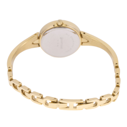 Montre femme, boîte acier doré et cristaux de synthèse, bracelet acier doré et verre minéral