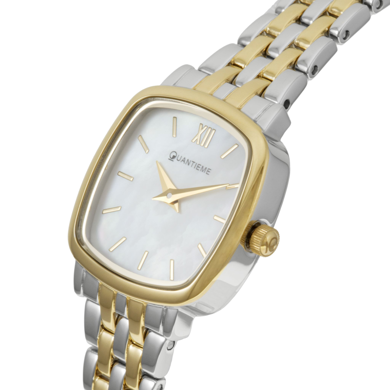Montre femme, boîte et bracelet acier et acier doré, verre minéral