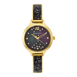 Montre dame, boîte et bracelet en acier doré et cristaux de synthèse, verre minéral