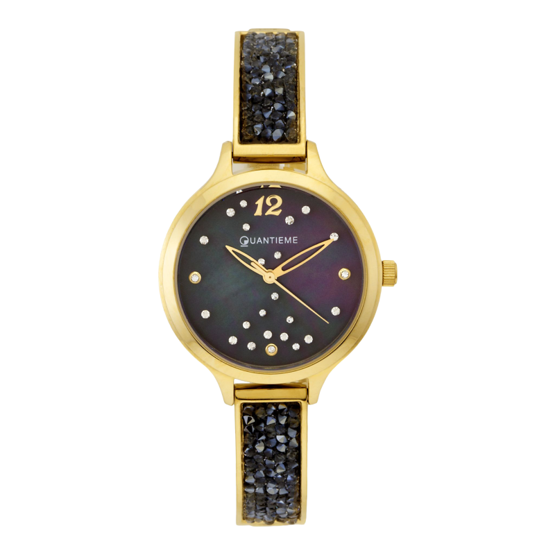 Montre dame, boîte et bracelet en acier doré et cristaux de synthèse, verre minéral