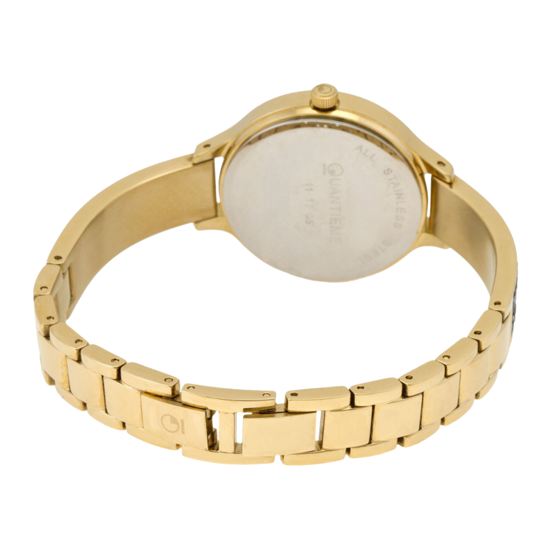 Montre dame, boîte et bracelet en acier doré et cristaux de synthèse, verre minéral
