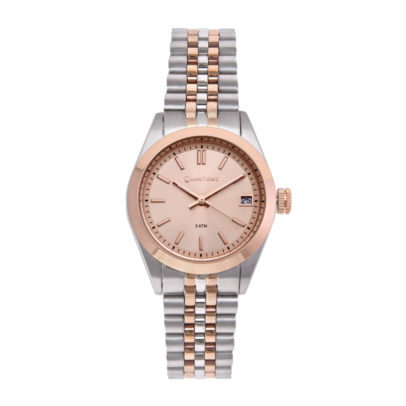 Montre femme étanche 50 métres, boîte acier et acier doré rose, bracelet acier et acier doré rose et verre minéral