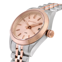 Montre femme étanche 50 métres, boîte acier et acier doré rose, bracelet acier et acier doré rose et verre minéral