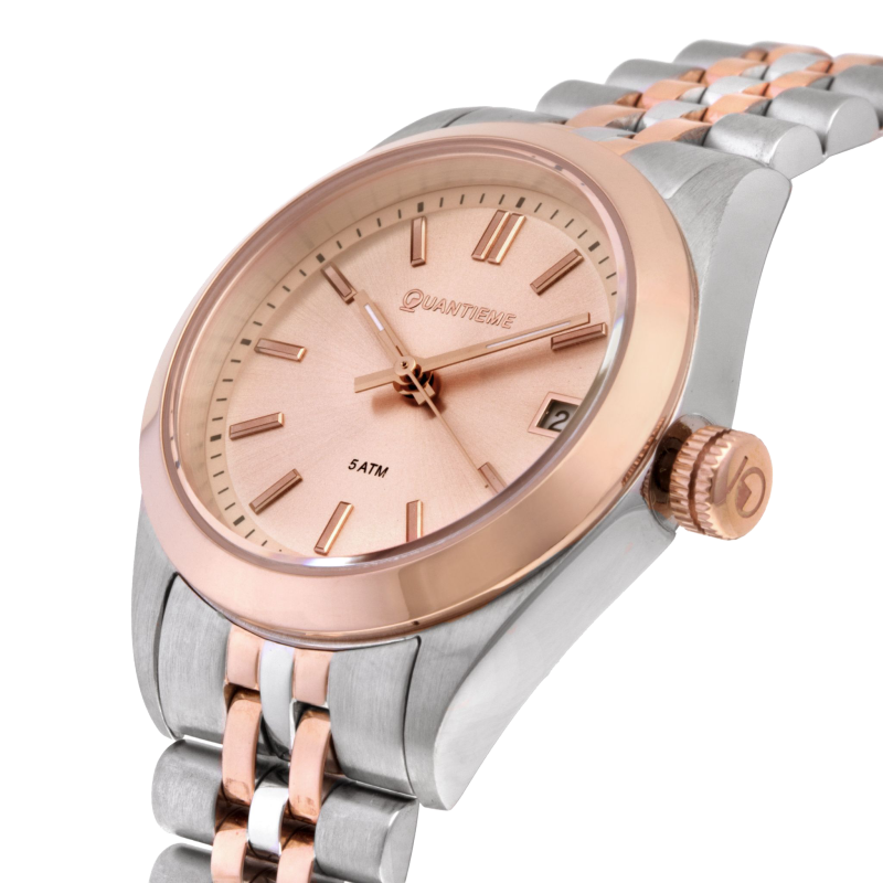 Montre femme étanche 50 métres, boîte acier et acier doré rose, bracelet acier et acier doré rose et verre minéral