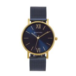 Montre femme, boîte acier doré, bracelet acier bleu et verre minéral