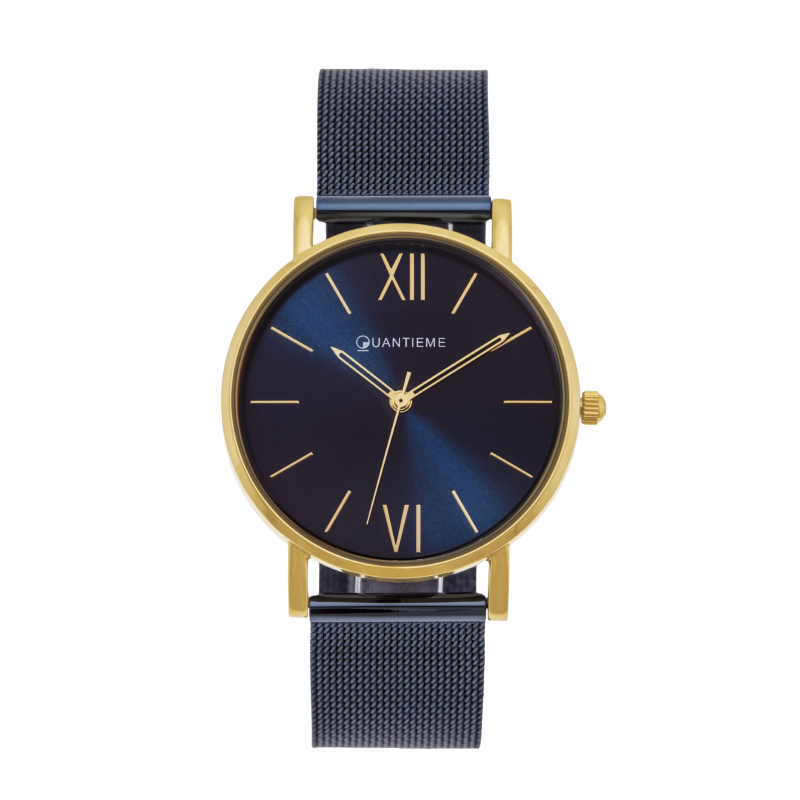 Montre femme, boîte acier doré, bracelet acier bleu et verre minéral