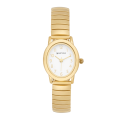 Montre femme, boîte et bracelet acier doré et verre minéral