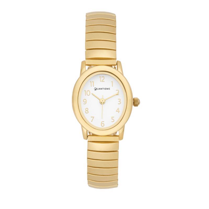 Montre femme, boîte et bracelet acier doré et verre minéral